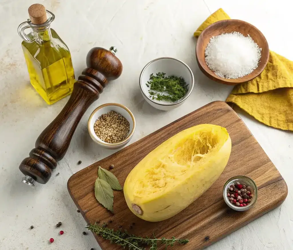 Recette Courgette Spaghetti Au Four – Simple & Gourmande 2 Ingrédients pour la Recette Courgette Spaghetti Au Four : une courge spaghetti entière, de l'huile d'olive et du poivre sur une planche en bois.