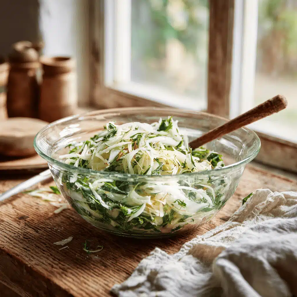 Recette Salade de Fenouil Délicieuse: Fraîcheur Garantie 2 Recette fenouil en salade maison servie dans un grand bol en verre, avec une ambiance de cuisine rustique et lumineuse