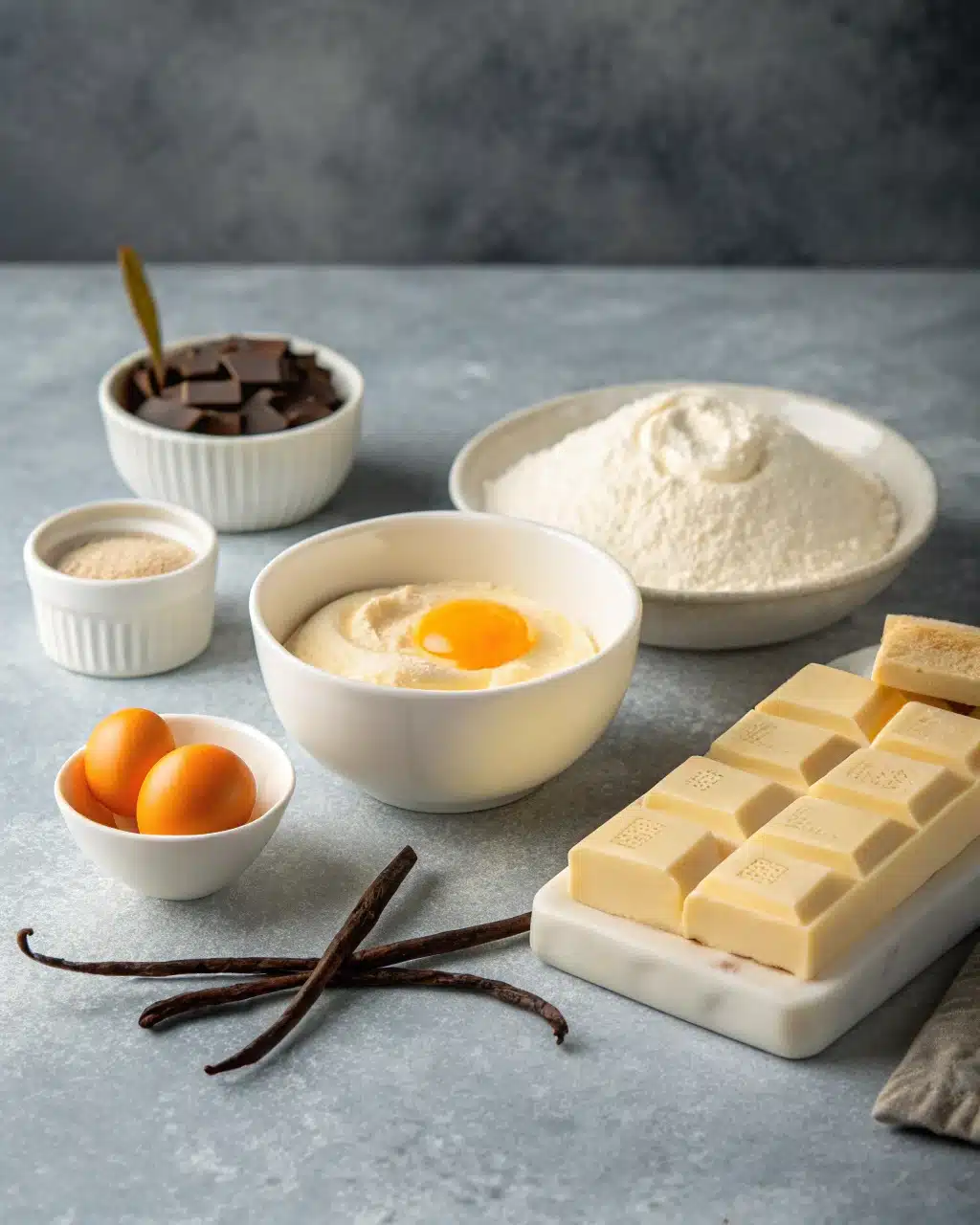 Ingrédients pour le Flan Dulcey Vanille Praliné soigneusement disposés sur un plan de travail en marbre gris.