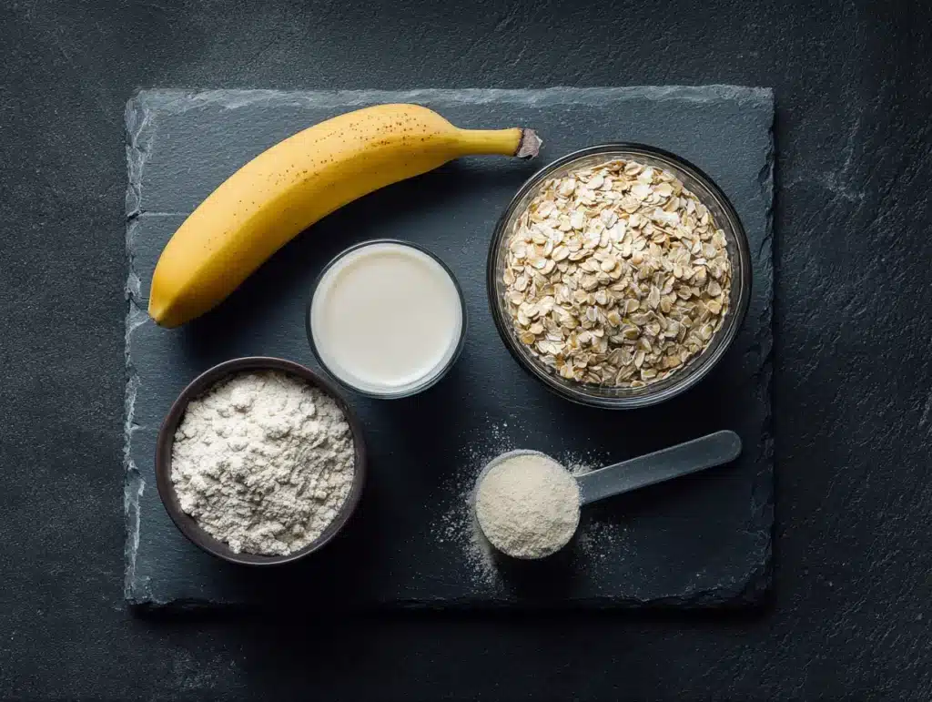 Smoothie Protéiné Banane Avoine : La Recette Ultime, Simple et Énergisante 2 Ingrédients pour le smoothie protéiné disposés à plat sur une surface claire : une banane, un bol de flocons d'avoine, du lait et une cuillère de protéine en poudre.