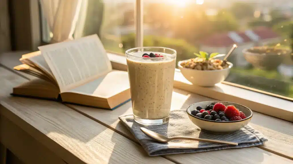 Smoothie Protéiné Banane Avoine : La Recette Ultime, Simple et Énergisante 4 Un verre de smoothie protéiné banane avoine posé sur un rebord de fenêtre en bois, à côté d'un livre ouvert et d'un bol de fruits rouges, avec le soleil du matin en arrière-plan.