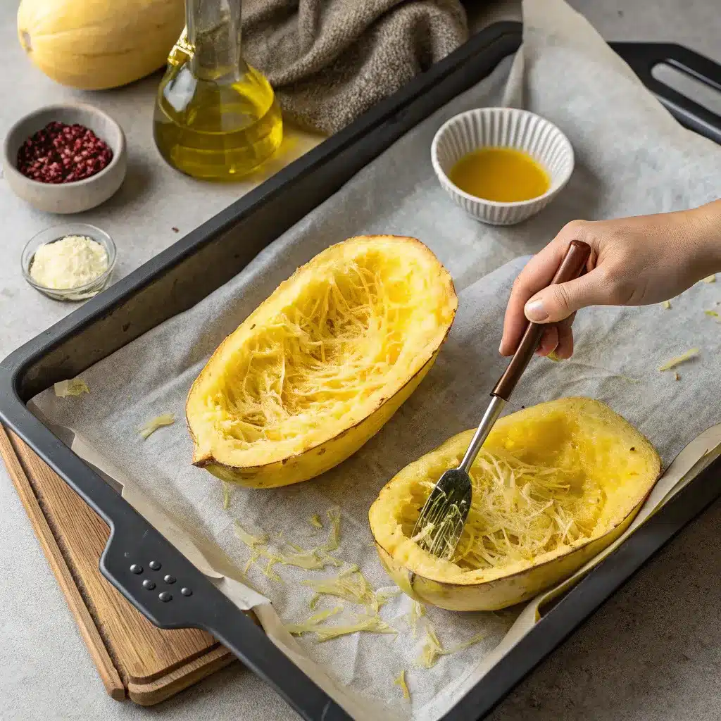 Recette Courgette Spaghetti Au Four – Simple & Gourmande 3 Préparation de la recette courgette spaghetti au four, avec un badigeonnage de la chair à l'huile d'olive.