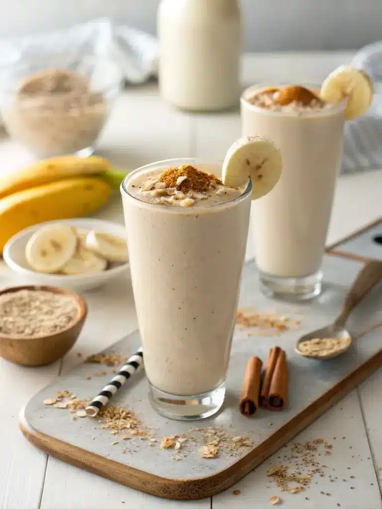 Smoothie Protéiné Banane Avoine : La Recette Ultime, Simple et Énergisante 5 Deux grands verres de smoothie protéiné banane avoine crémeux, décorés d'une tranche de banane sur le rebord et d'une pincée de cannelle.
