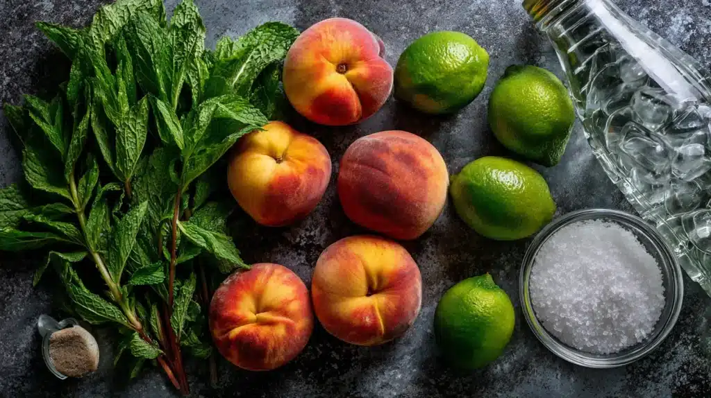 Mojito Pêche Sans Alcool : La Recette Express & Rafraîchissante en 5 Minutes 3 Flat lay d’ingrédients pour mojito pêche sans alcool : pêches, menthe, citron vert, sucre, eau pétillante et glace sur plan gris