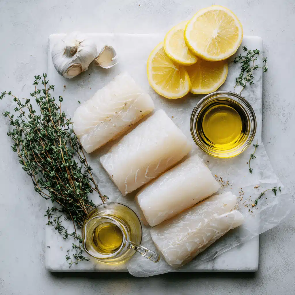 Cabillaud au Four : La Recette Ultime, Simple et Savoureuse 4 Ingrédients frais pour la recette du cabillaud au four : filets de poisson cru, citron, ail, thym et huile d'olive.