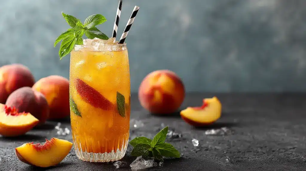 Mojito Pêche Sans Alcool : La Recette Express & Rafraîchissante en 5 Minutes 2 Mocktail pêche sans alcool dans un verre haut avec glaçons, tranches de pêche et menthe sur fond bleu