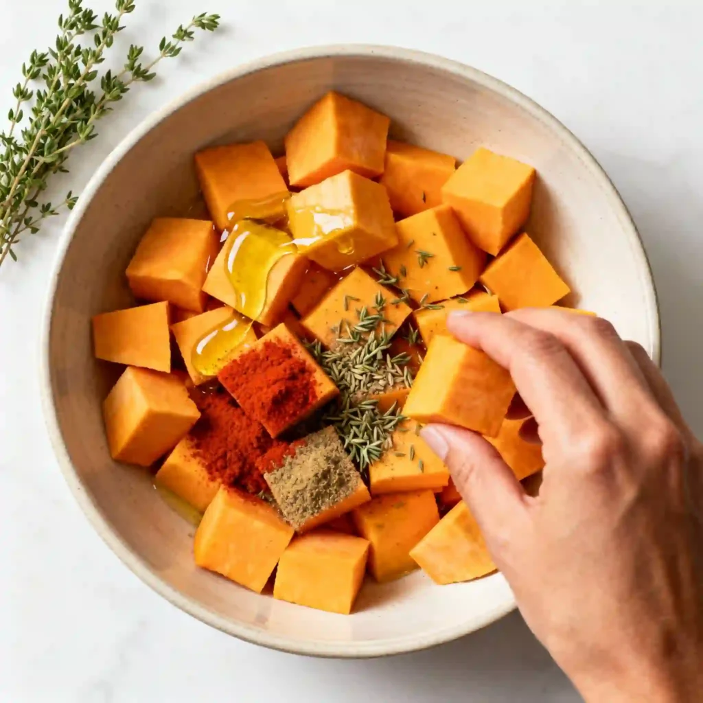 Recette Facile de Butternut au Four : L'Accompagnement Parfait 2 Main mélangeant des cubes de butternut cru assaisonnés d'huile d'olive, paprika, cumin et thym dans un grand bol.