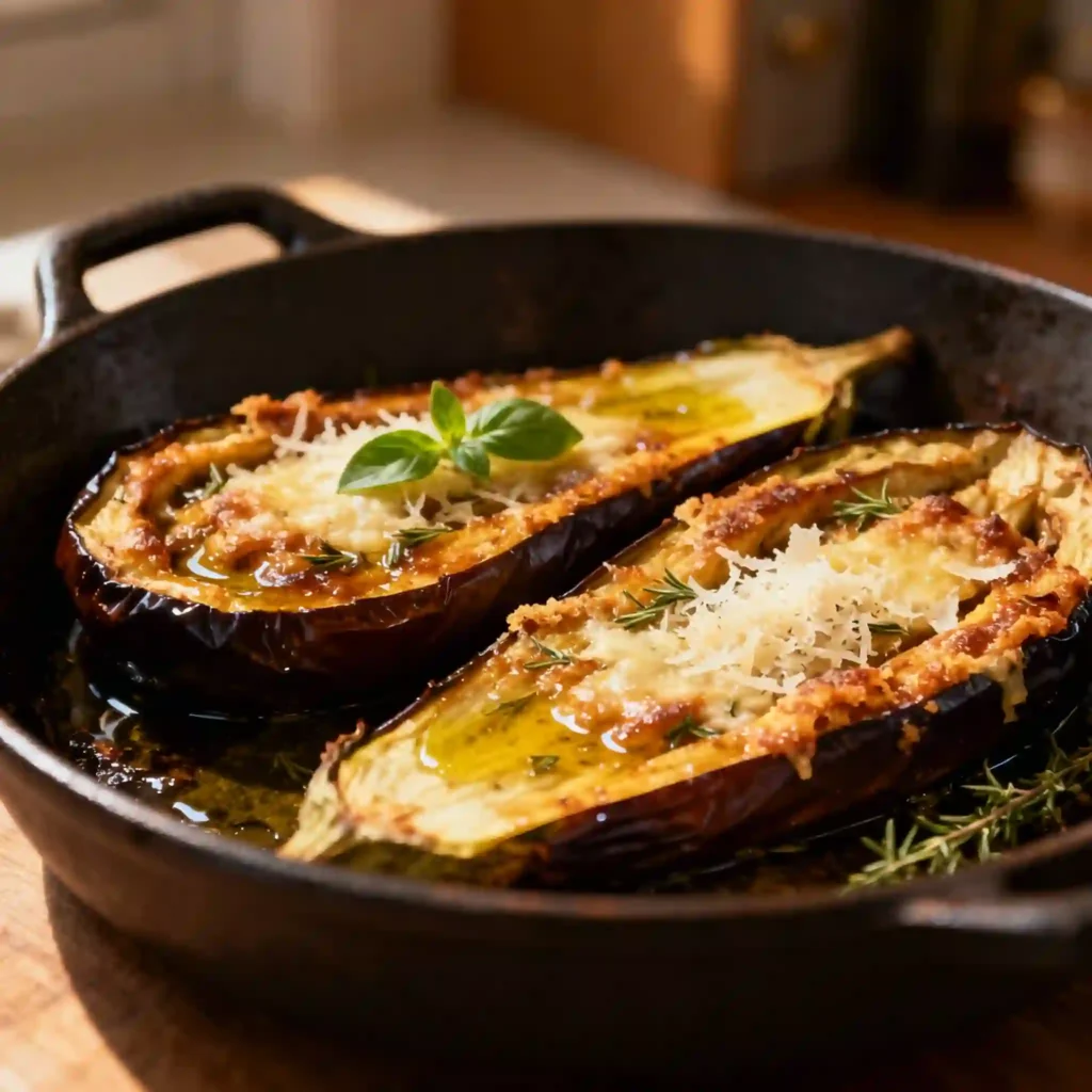 Aubergines au Four : La Recette Facile et Savoureuse 2 Moitiés d'aubergines au four, gratinées au parmesan, dorées et fondantes, avec herbes fraîches en garniture.