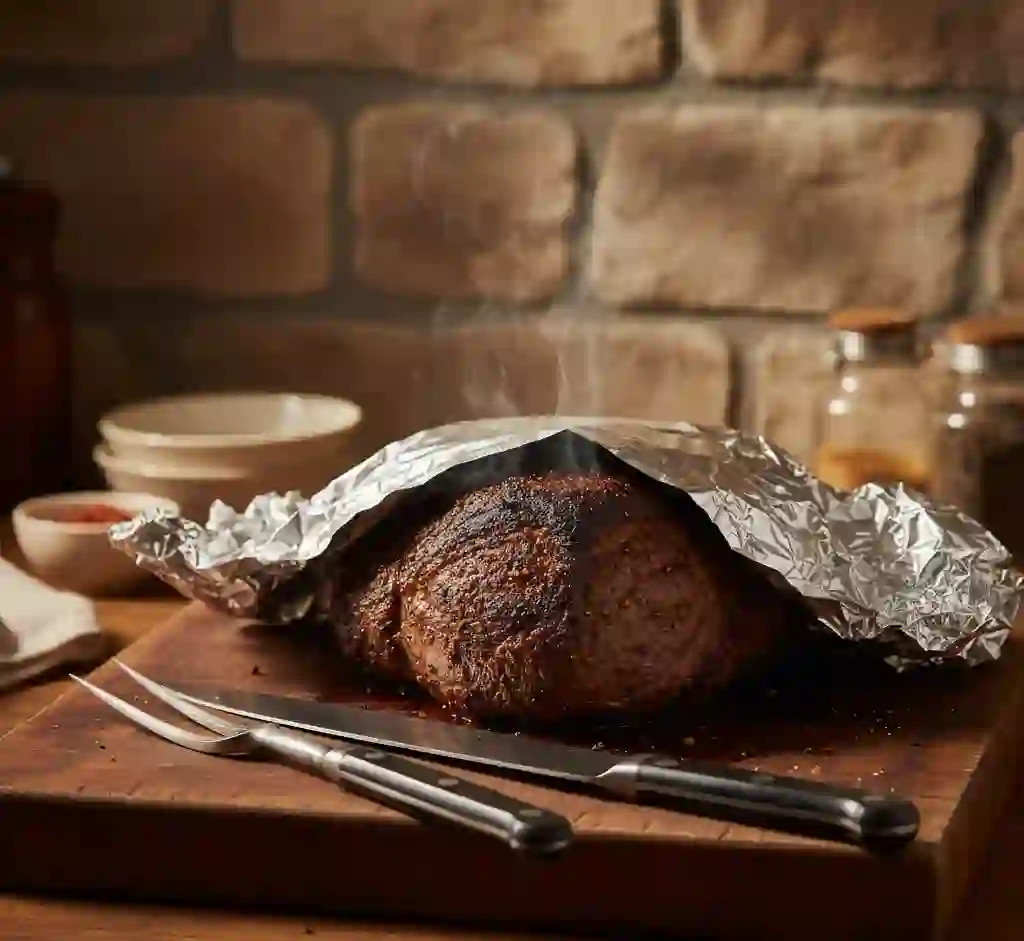 Rôti de Bœuf au Four : Le Secret Simple d'un Plat Parfait 3 Rôti de bœuf cuit reposant sous une feuille d'aluminium sur une planche à découper avant d'être tranché.