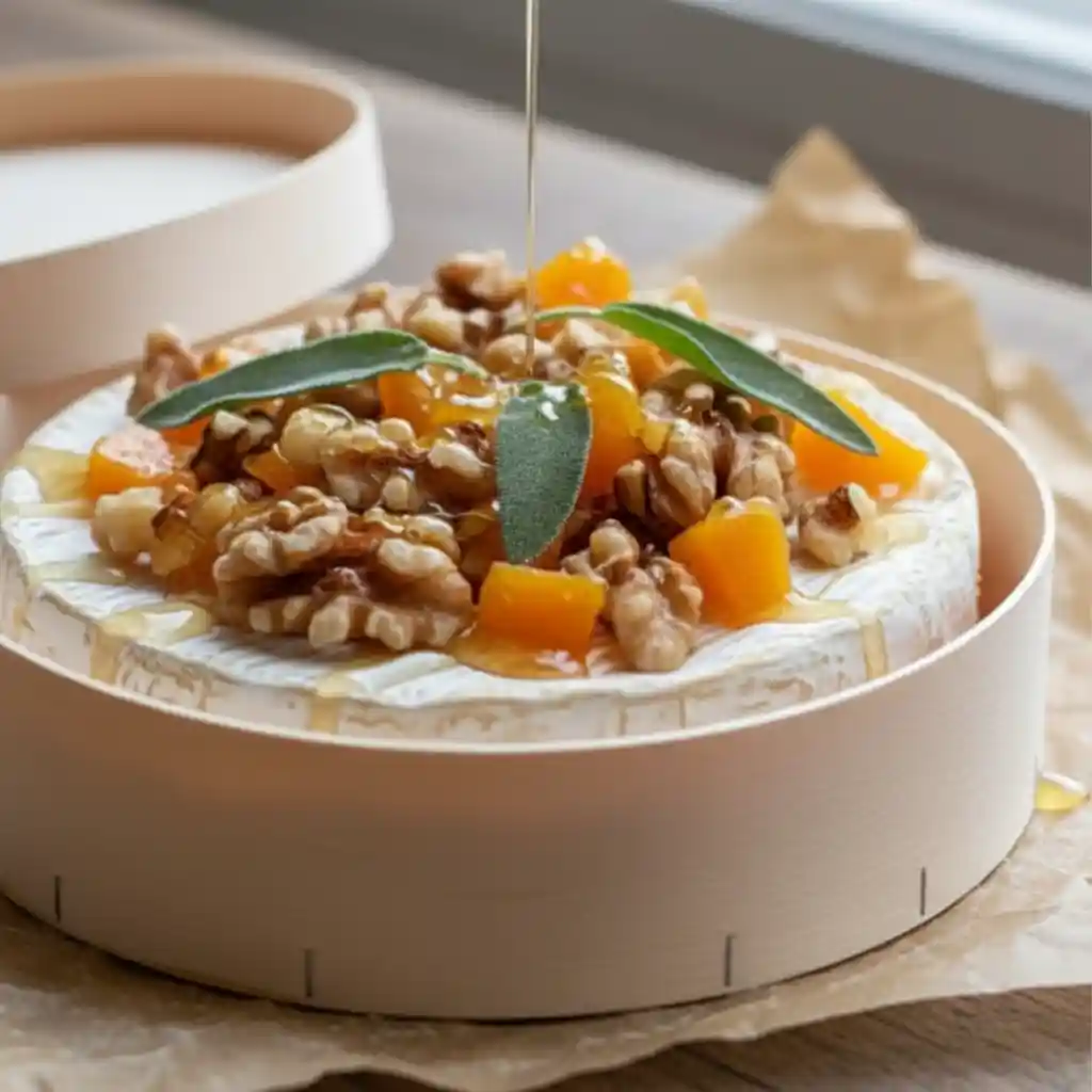 Camembert au Four Facile : Le Fromage Coulant Irrésistible 2 Préparation du camembert au four avant cuisson, garni de noix, abricots secs, sauge et miel.