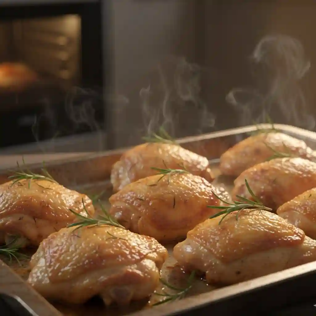 Cuisses de Poulet au Four Croustillantes : La Recette Facile et Inratable 2 Cuisses de poulet au four parfaitement dorées et croustillantes, tout juste sorties du four, avec de la vapeur s'en dégageant.