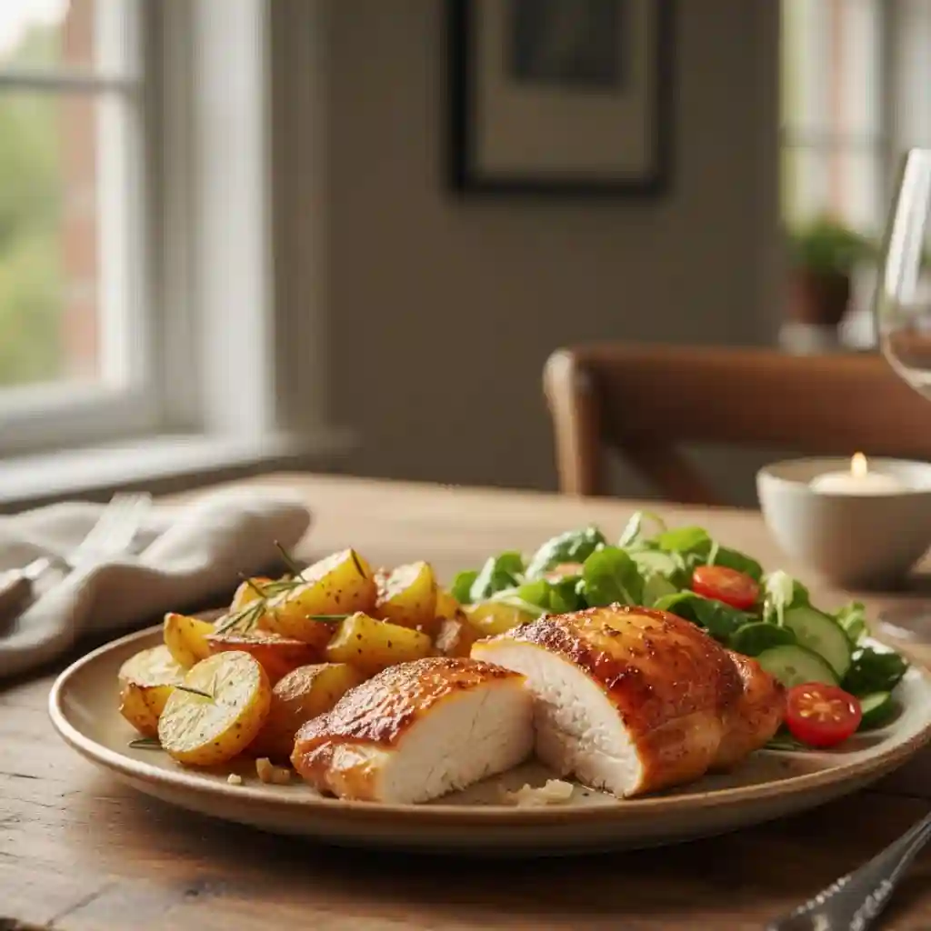 Cuisses de Poulet au Four Croustillantes : La Recette Facile et Inratable 3 Assiette de cuisses de poulet au four, accompagnée de pommes de terre rôties croustillantes et d'une salade verte.