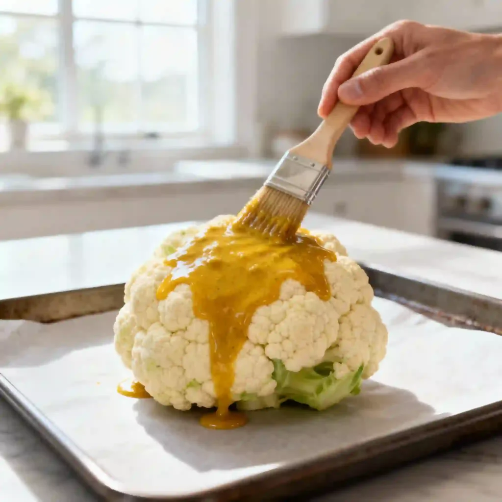 Recette de Chou-Fleur Rôti au Four Parfaitement Croustillant 2 Préparation du chou-fleur rôti au four: badigeonnage de la marinade miel-cari sur le chou-fleur cru avant cuisson.