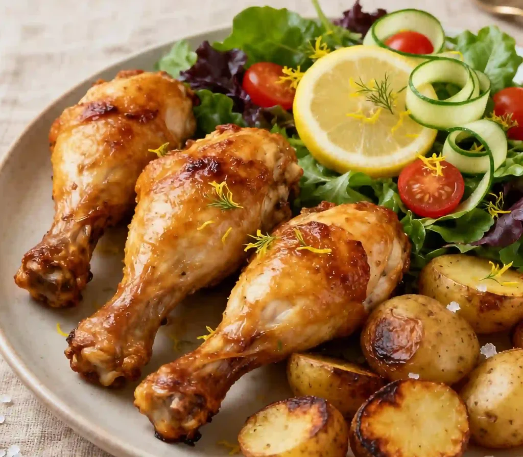 Pilons de Poulet au Four : La Recette Facile et Incontournable 3 Pilons de poulet au four servis avec pommes de terre rôties et salade verte citronnée, zeste fin et sel en flocons sur nappe en lin