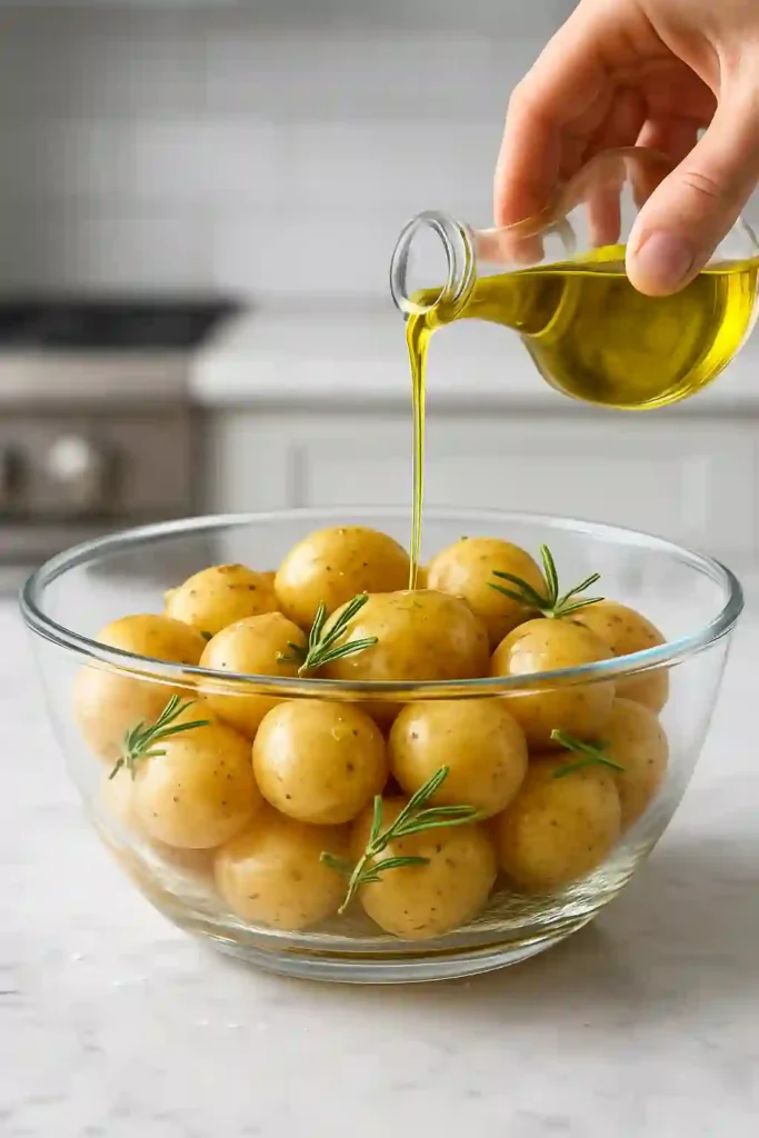 Recette Facile de Pommes de Terre Grenaille au Four Parfaitement Rôties 2 Préparation des pommes de terre grenaille au four : pommes de terre crues mélangées avec huile d'olive, sel et romarin dans un saladier en verre.