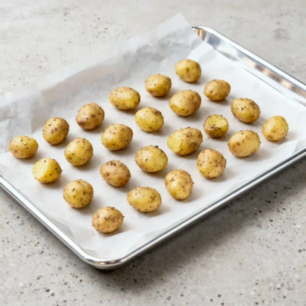 Recette Facile de Pommes de Terre Grenaille au Four Parfaitement Rôties 3 Pommes de terre grenaille assaisonnées et étalées en une seule couche sur une plaque de cuisson avec papier sulfurisé, prêtes pour le four.