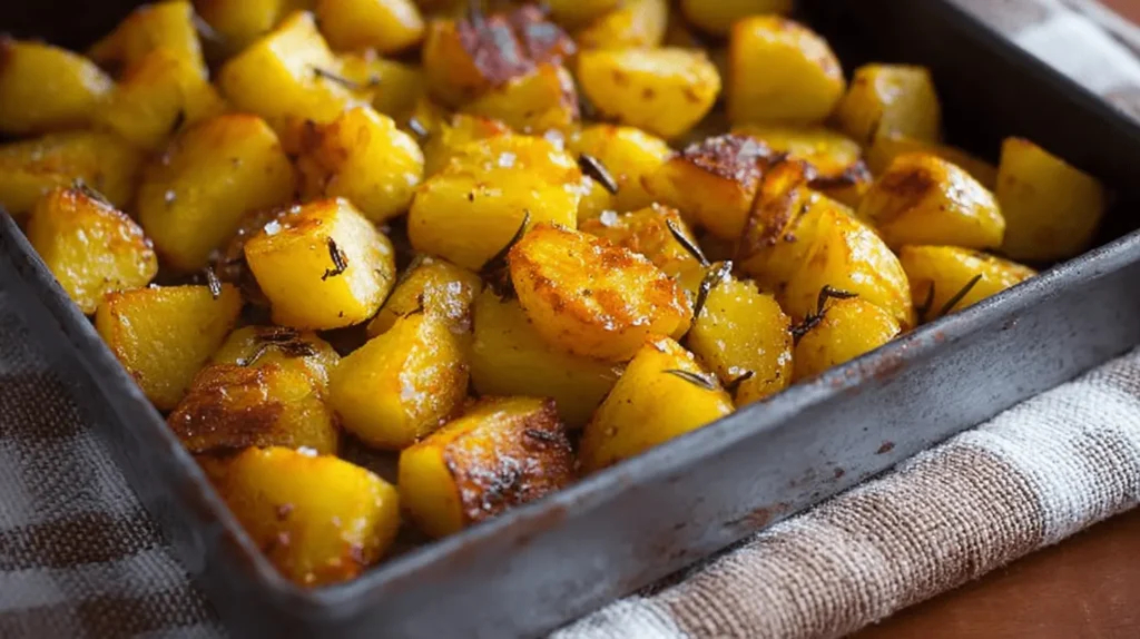 Recette Facile de Pommes de Terre au Four : Croustillantes et Savoureuses 2 Pommes de terre au four croustillantes et dorées, assaisonnées de romarin et servies dans un plat de cuisson.