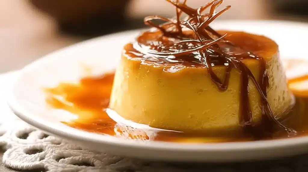 Recette Flan Caramel : Le Classique Gourmand Fait Maison 2 Recette flan au caramel : gros plan sur un flan individuel doré, nappé de sauce et décoré de caramel filé.