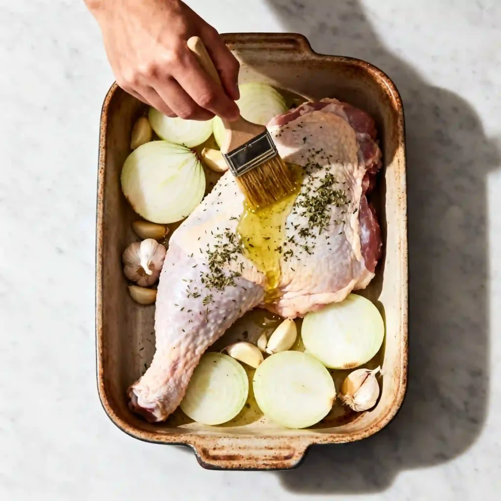 La Meilleure Recette de Cuisse de Dinde au Four : Juteuse et Savoureuse 2 Cuisse de dinde crue dans un plat, badigeonnée d'huile d'olive avec ail, oignon et herbes, prête pour le four.