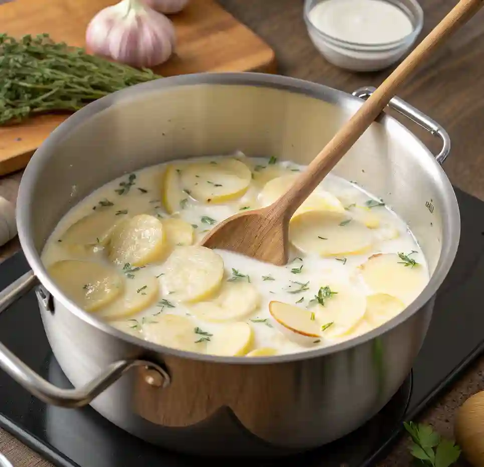 Gratin dauphinois traditionnel : la recette authentique, astuces et variantes 6 Pommes de terre mijotant dans mélange lait et crème dans casserole, pré-cuisson pour gratin dauphinois fondant.