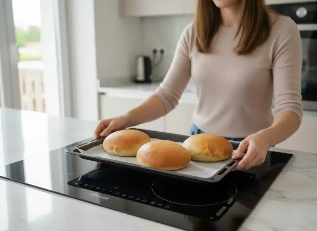 Beignets au Four Ultra Moelleux : La Recette Facile (Sans Friture) 3 Beignets au four sortis du four, bien gonflés et dorés, prêts pour l'étape du trempage.