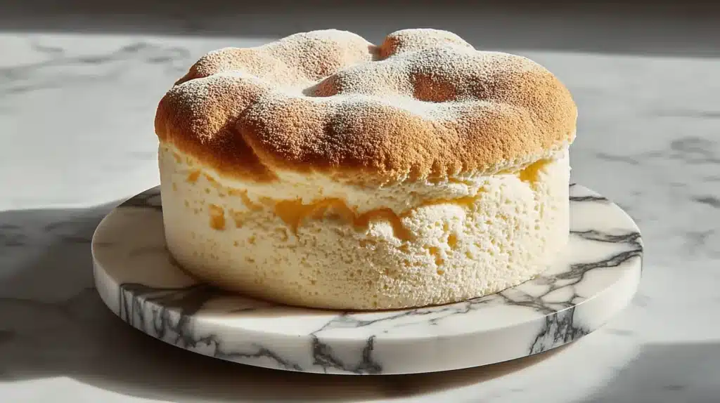 Le Gâteau Nuage Japonais Parfait : Douceur et Légèreté Incomparables 2 Gâteau Nuage Japonais parfaitement doré et saupoudré de sucre glace, posé sur un élégant support en marbre blanc.