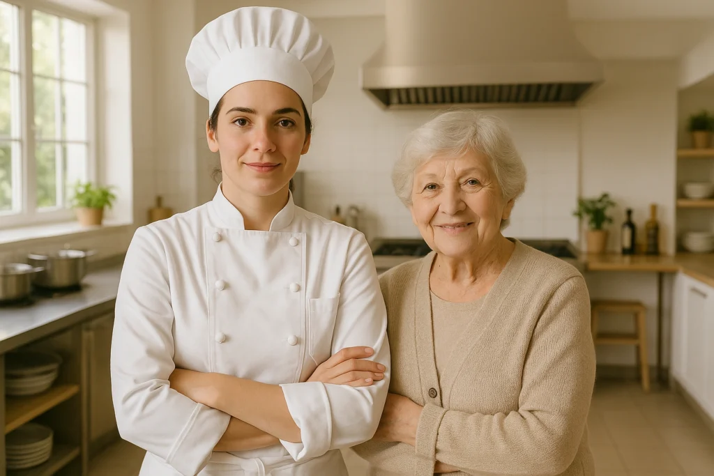 Vanessa, jeune cheffe cuisinière, souriante aux côtés de sa grand-mère Mamie, dans une cuisine chaleureuse.