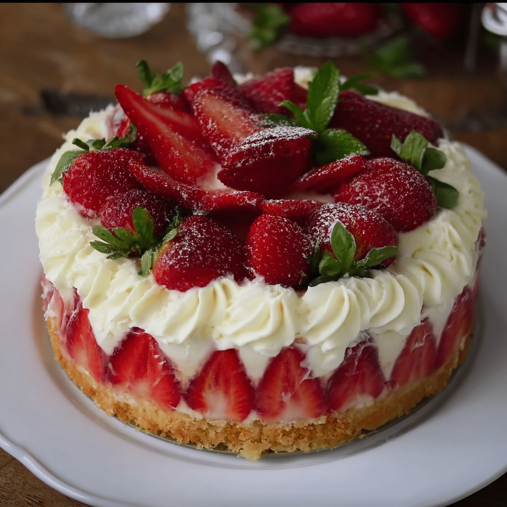 Fraisier sans cuisson, Simple et Délicieuse 2 fraisier sans cuisson décoré de fraises et chantilly sur fond marbré
