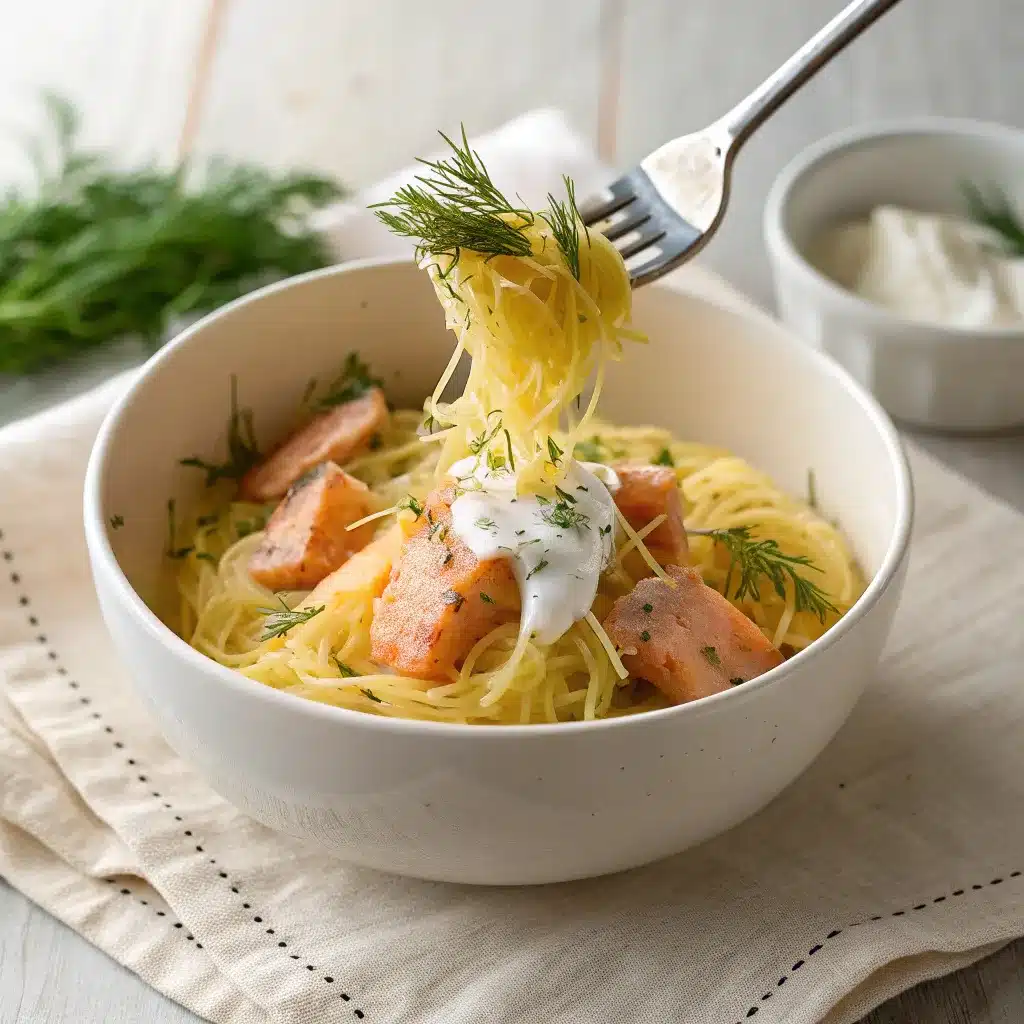 Recette Courgette Spaghetti Au Four – Simple & Gourmande 5 Plat final de la recette courgette spaghetti au four, servi dans une assiette blanche avec des morceaux de saumon fumé, une sauce crémeuse et de l'aneth frais.