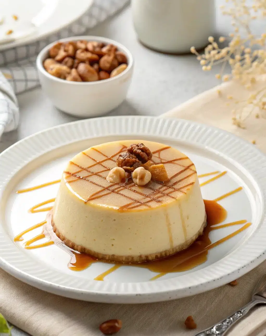 Flan Dulcey Vanille Praliné : La Recette Complète pour un Dessert Inoubliable 2 Flan Dulcey Vanille Praliné présenté en tartelette avec une décoration quadrillée de sauce praliné et des éclats de noisettes.