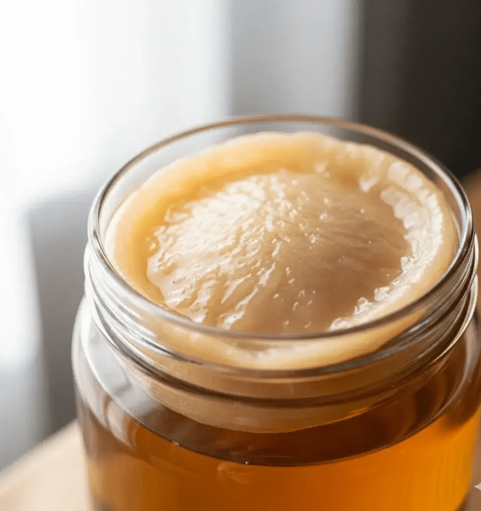 Un SCOBY de kombucha sain et translucide flottant dans un bocal en verre.