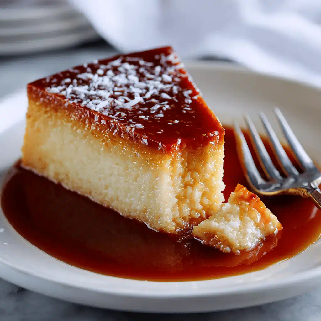 Recette Flan Coco : Le Guide Ultime pour un Dessert irrésistible 3 Une part de flan coco servie dans une assiette, montrant les deux couches magiques de la recette flan coco.