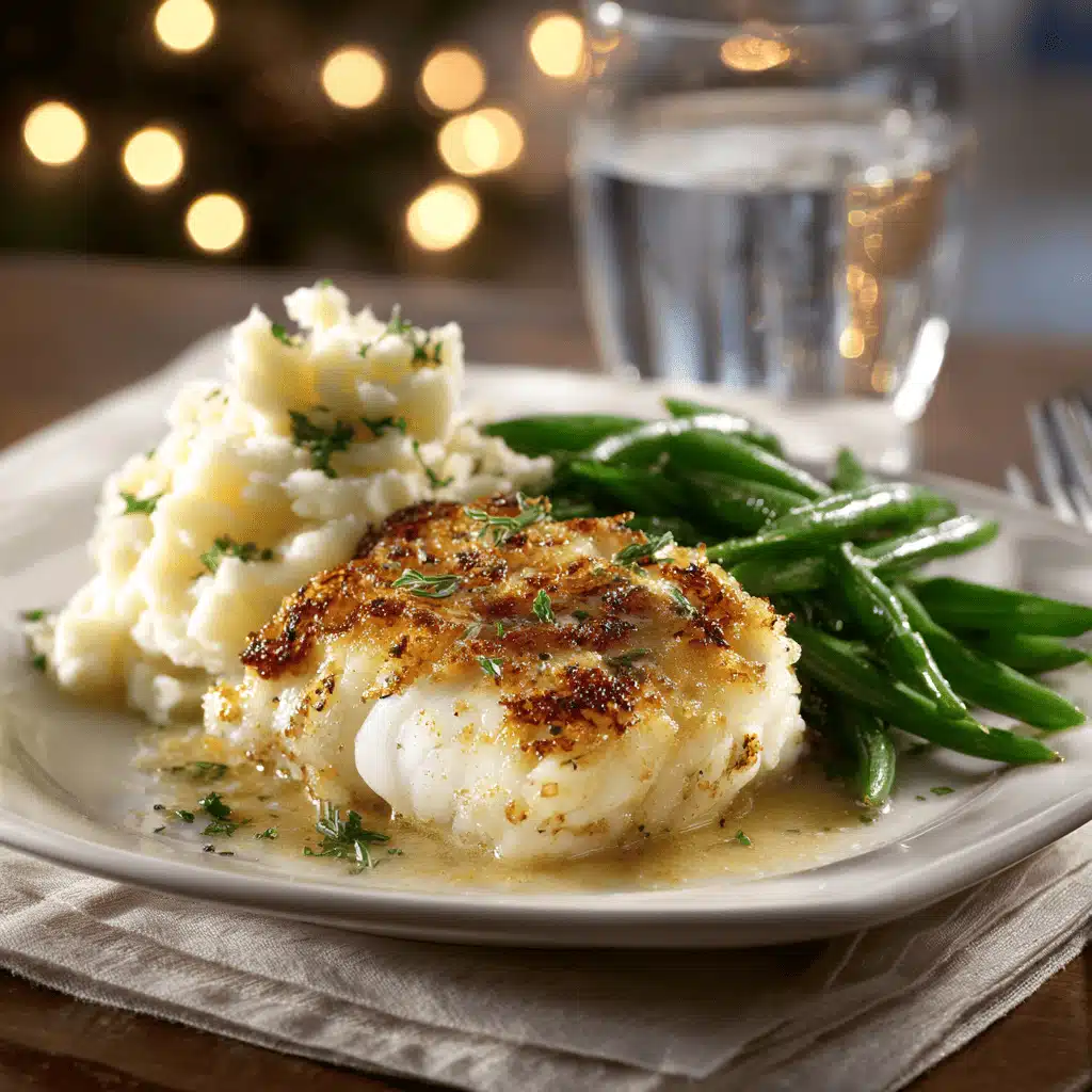 Cabillaud au Four : La Recette Ultime, Simple et Savoureuse 3 Une assiette de cabillaud au four servi avec sa garniture de purée de pommes de terre et de haricots verts.