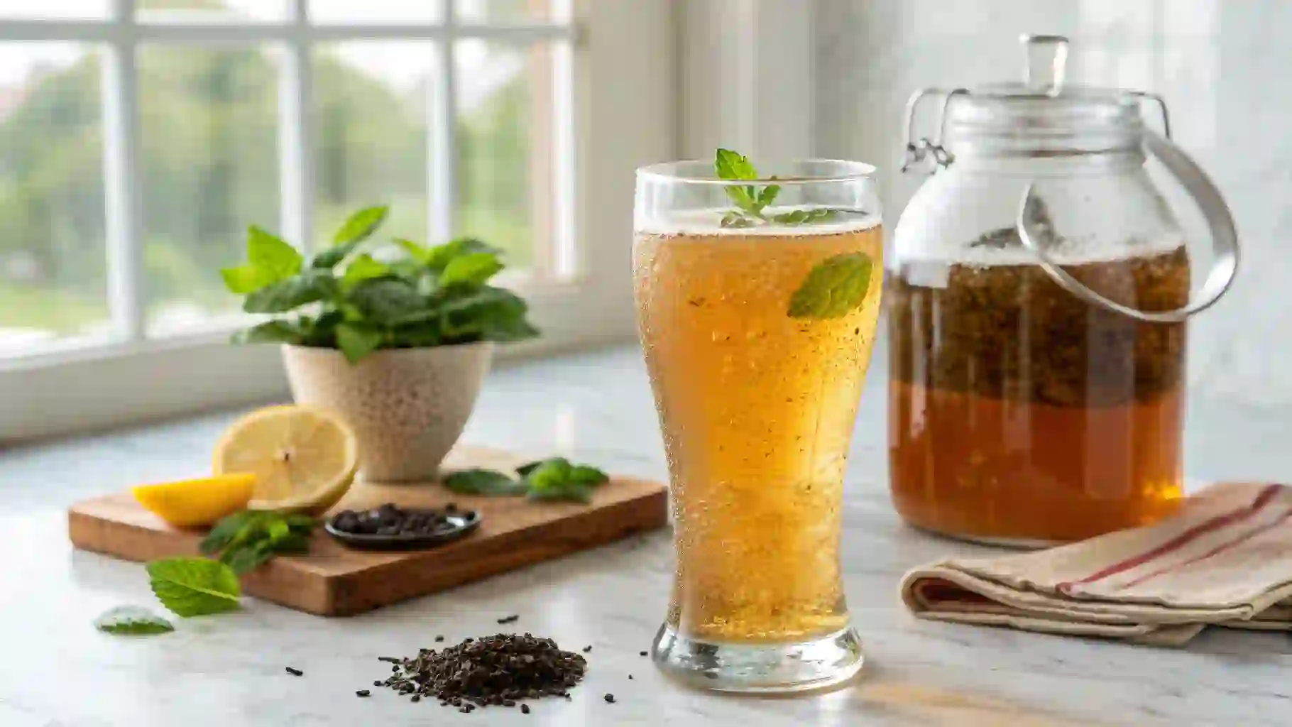 Un verre de kombucha pétillant et ambré, illustrant les bienfaits du kombucha. En arrière-plan, un bocal contenant un SCOBY.