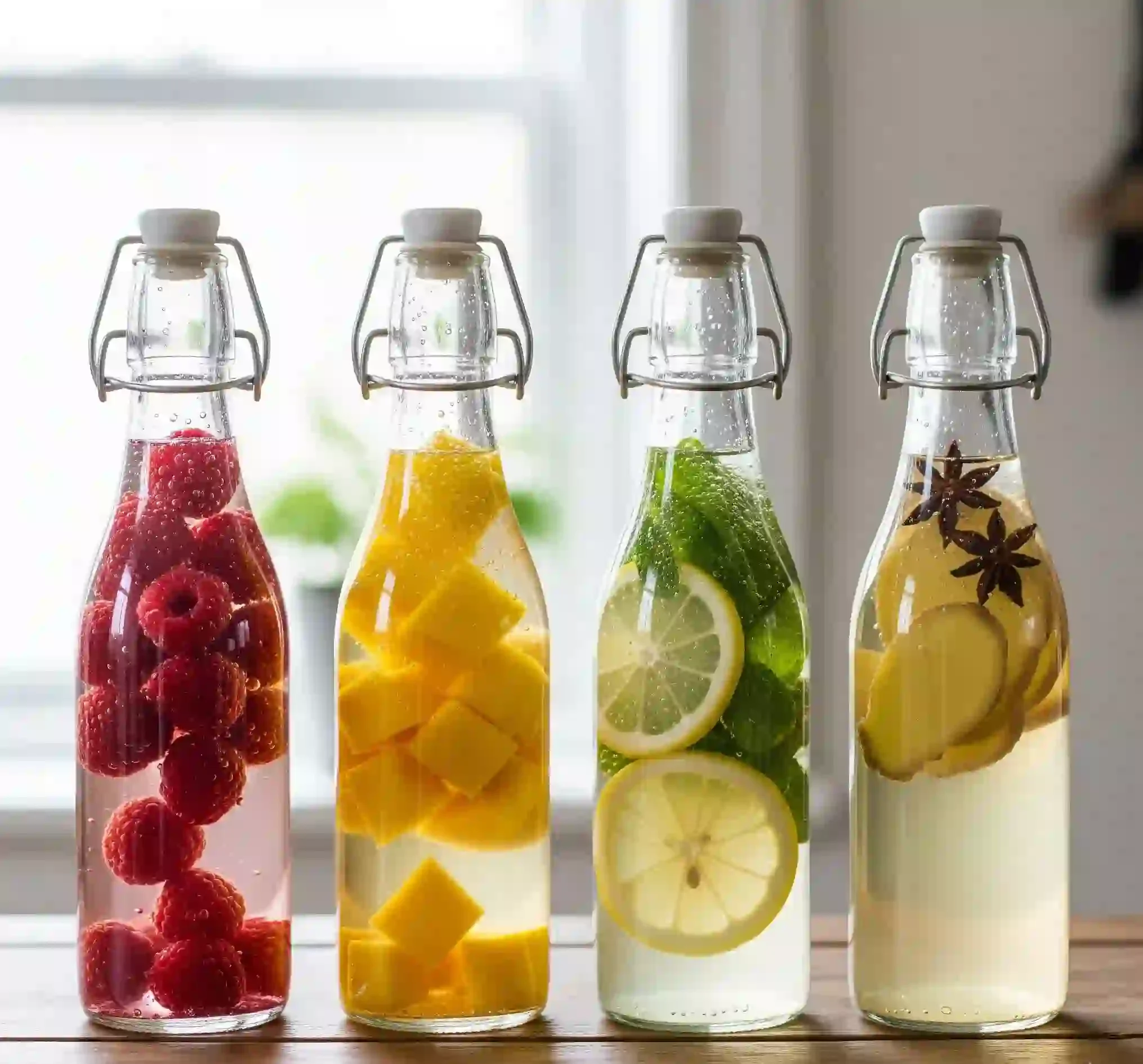 Bouteilles pour deuxieme fermentation Kombucha avec framboises, mangue et citron.