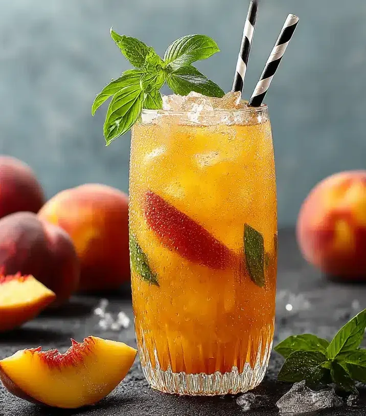 Mojito Pêche Sans Alcool : La Recette Express & Rafraîchissante en 5 Minutes 4 Mocktail pêche sans alcool dans un verre haut avec glaçons, tranches de pêche et menthe sur fond bleu