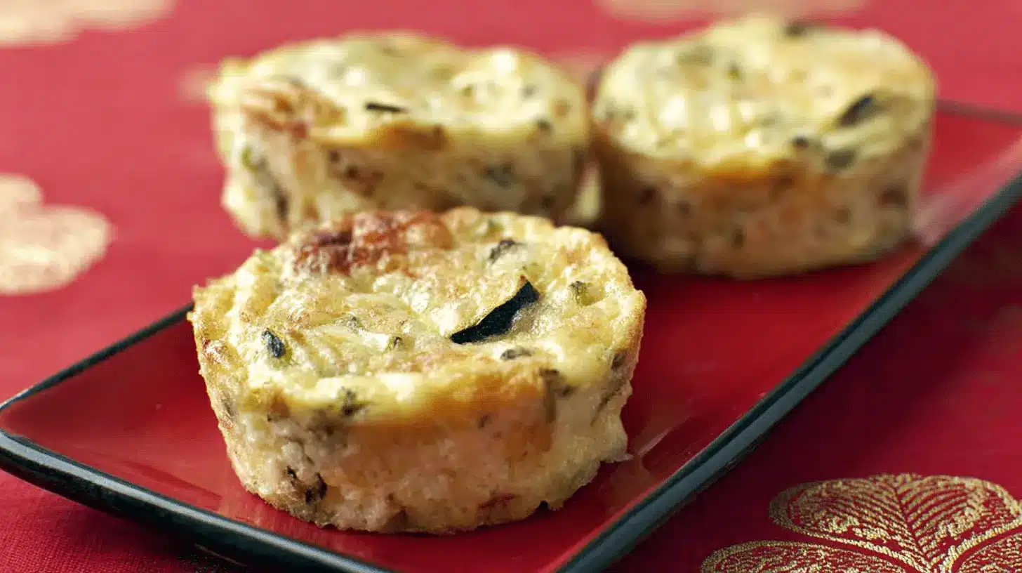 Recette de Flan de Courgettes au Parmesan : Facile et Savoureux 3 Recette de Flan de courgettes individuels et dorés servis sur une assiette rouge, issus d'une recette facile.