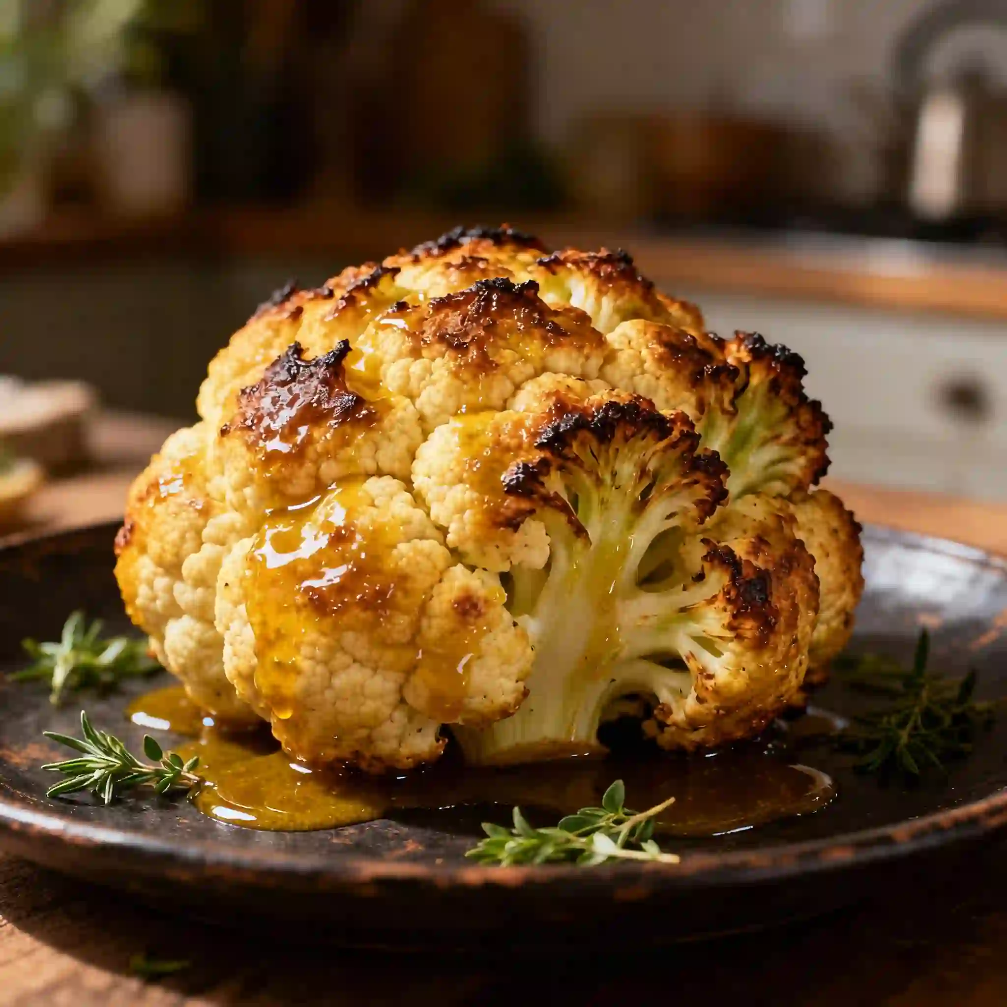 Recette de Chou-Fleur Rôti au Four Parfaitement Croustillant 3 Chou-fleur entier rôti au four, doré et caramélisé, glaçage miel-cari, présenté sur un plat rustique.