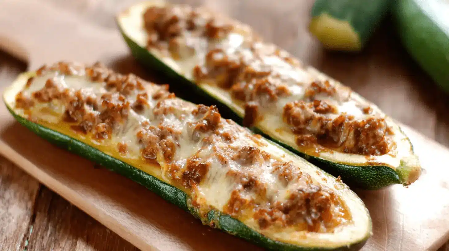 Les Courgettes Farcies Classiques : Une Recette Simple et Gourmande 2 Courgettes farcies maison gratinées au fromage, cuites au four et servies sur une planche en bois.