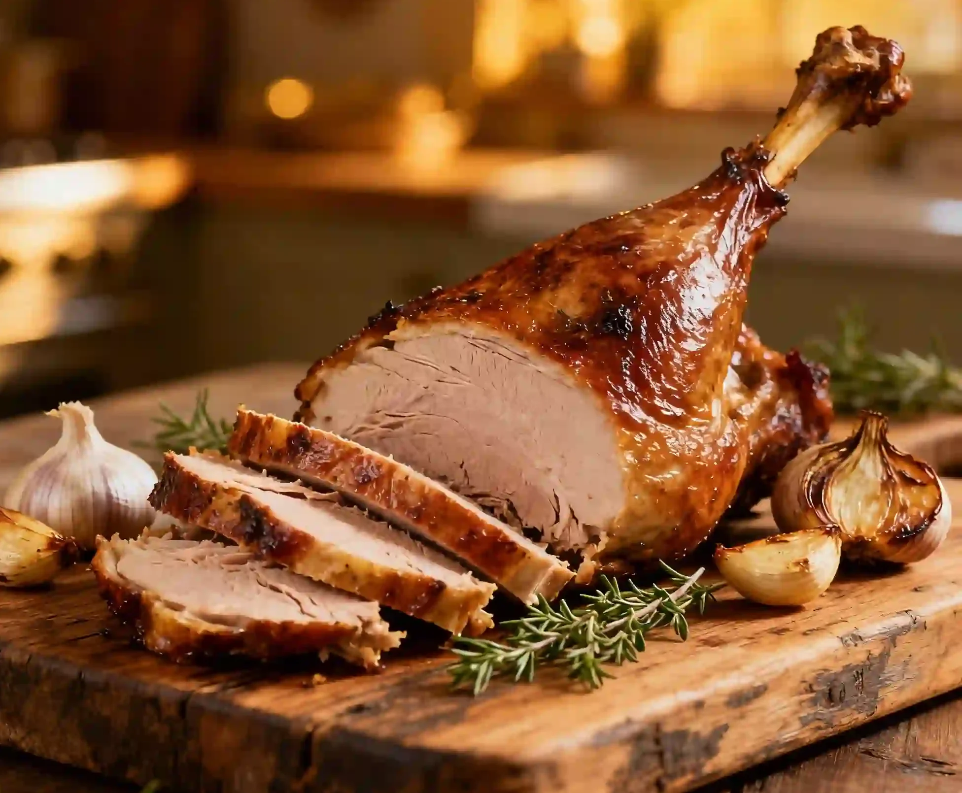 La Meilleure Recette de Cuisse de Dinde au Four : Juteuse et Savoureuse 4 Cuisse de dinde au four tranchée, montrant la chair juteuse et la peau dorée et croustillante.