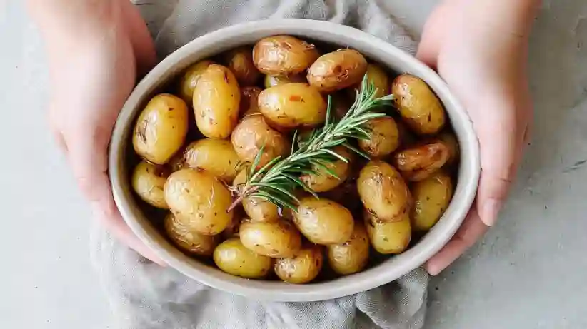 Recette Facile de Pommes de Terre Grenaille au Four Parfaitement Rôties 4 Gros plan sur un bol de pommes de terre grenaille au four dorées, garnies de romarin frais et tenues par des mains.