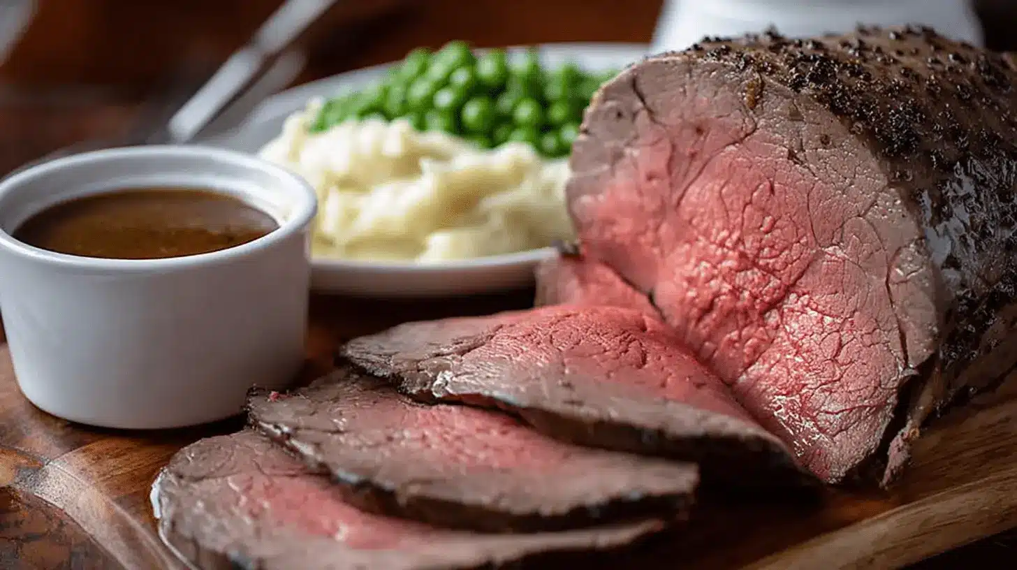 Rôti de Bœuf au Four : Le Secret Simple d'un Plat Parfait 4 Rôti de bœuf au four mi-saignant, tranché, avec sauce, purée et petits pois sur une planche en bois.