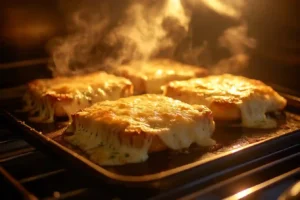 Croque Monsieur au Four Moelleux : La Recette Facile 4 Quatre croques monsieur dorés gratinés au four, sur une plaque de cuisson, avec fromage fondu coulant et vapeur qui s’élève, ambiance chaleureuse et cuisson professionnelle