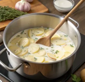Gratin dauphinois traditionnel : la recette authentique, astuces et variantes 4 Pommes de terre mijotant dans mélange lait et crème dans casserole, pré-cuisson pour gratin dauphinois fondant.