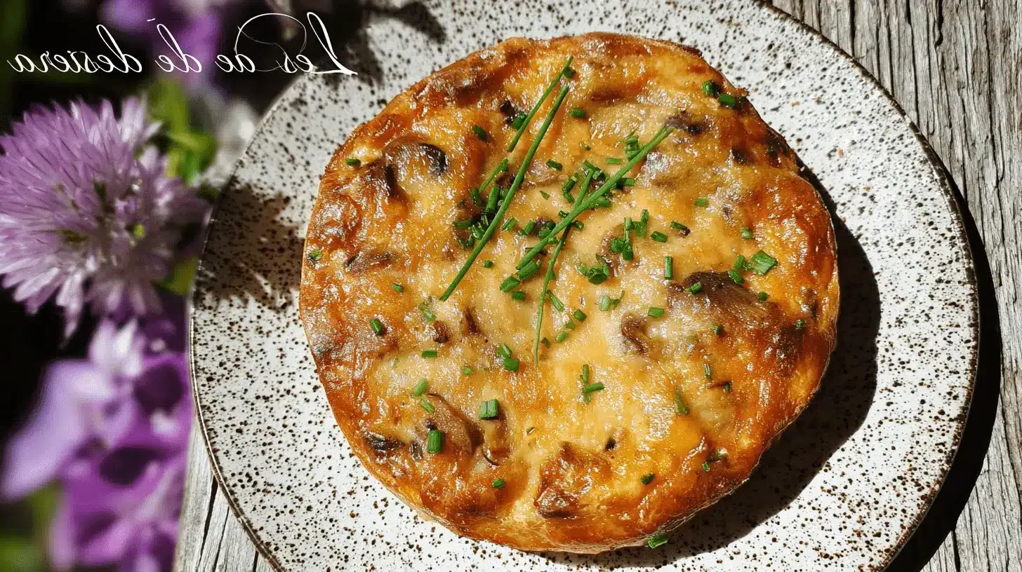 Quiche au Poulet, Champignons et Fromage : La Recette Inratable (Secret pour une Pâte Croustillante) 3 Délicieuse Quiche au Poulet, Champignons et Fromage, dorée à la perfection sur une assiette rustique en extérieur.