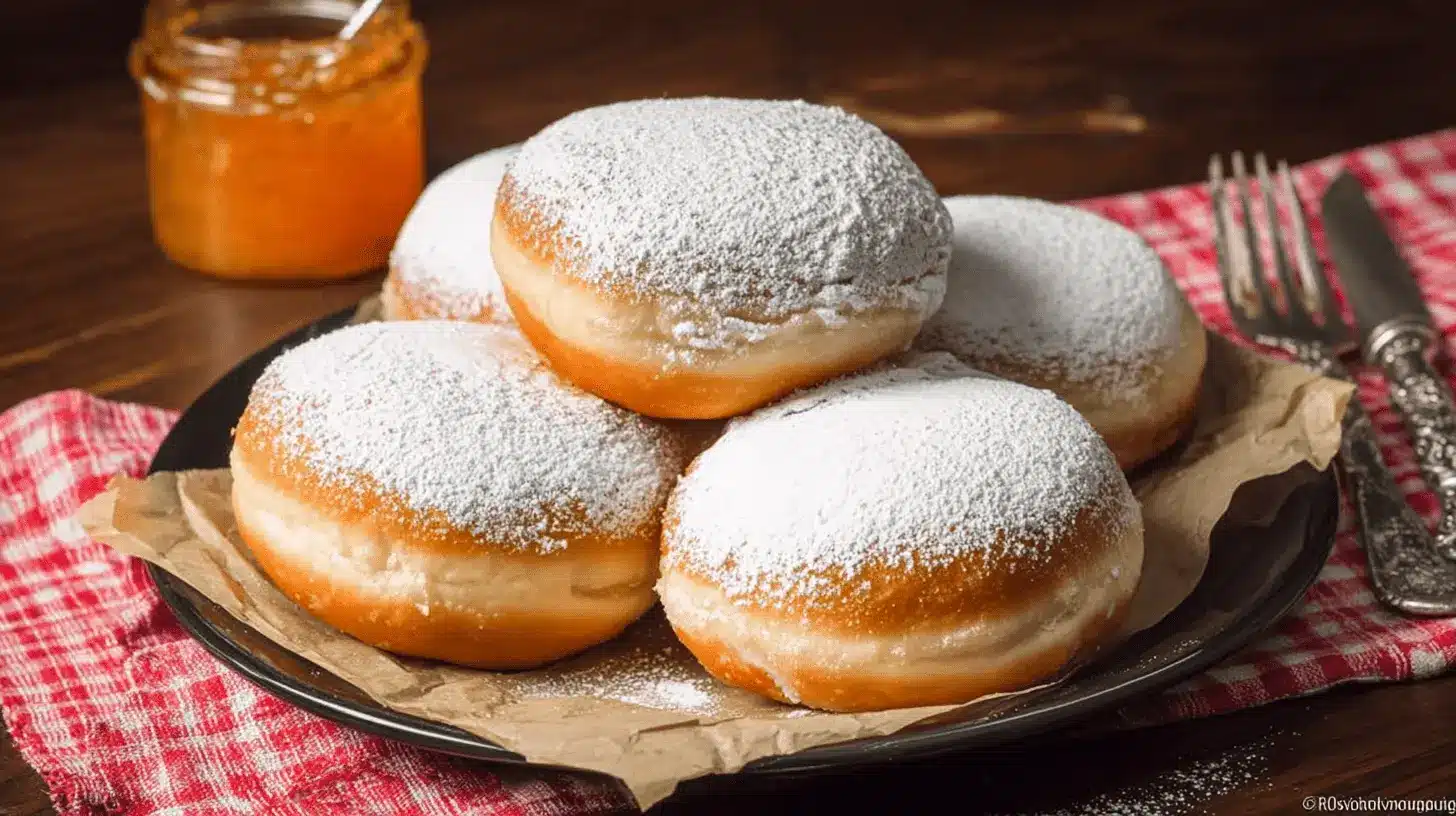 Assiette de beignets-au-four dorés et moelleux saupoudrés de sucre glace, sur fond rustique avec confiture.